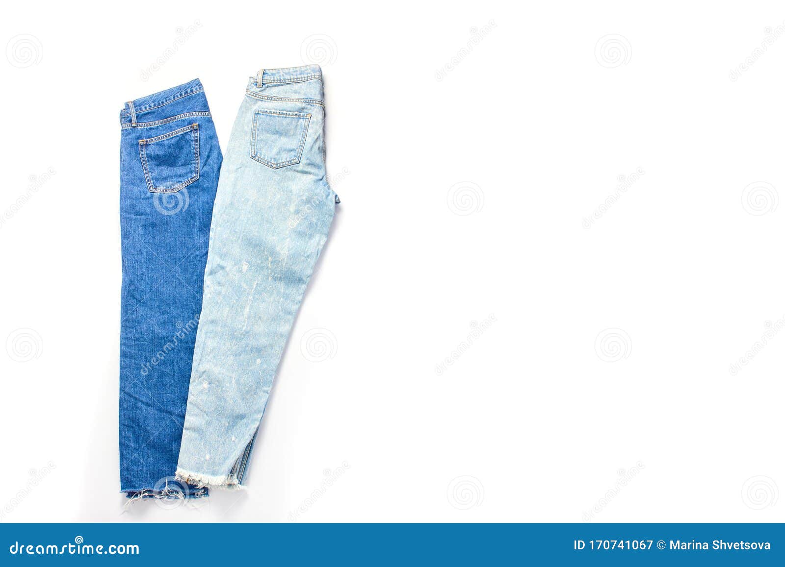 Dark Blue And Light Blue Jeans On A White Background Isolated Objects Casual Clothing Set Space For A Text Stock Image Image Of Design Fashion