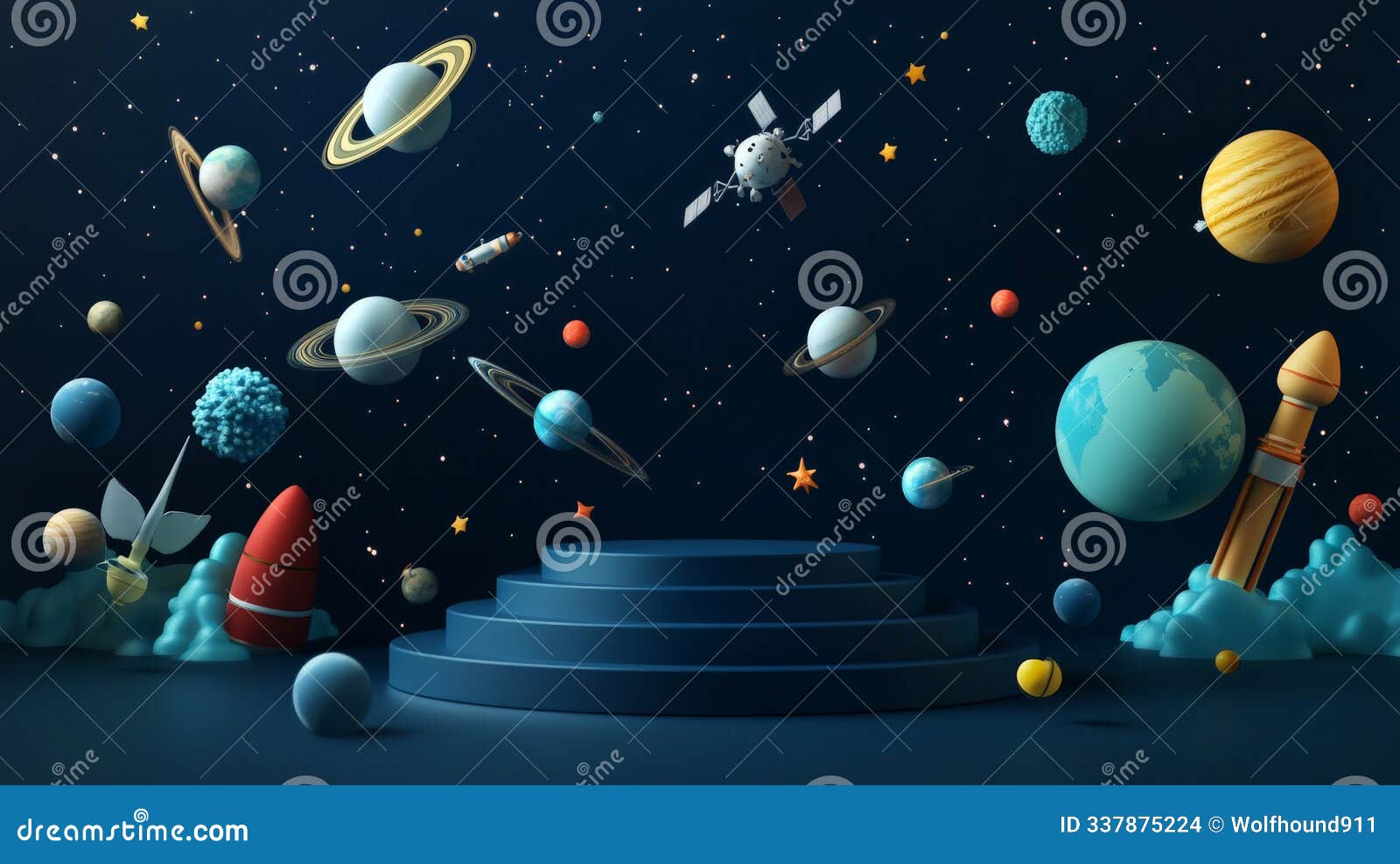 a dark blue podium with floating spacecrafts, satellites, and comets, with planets and stars