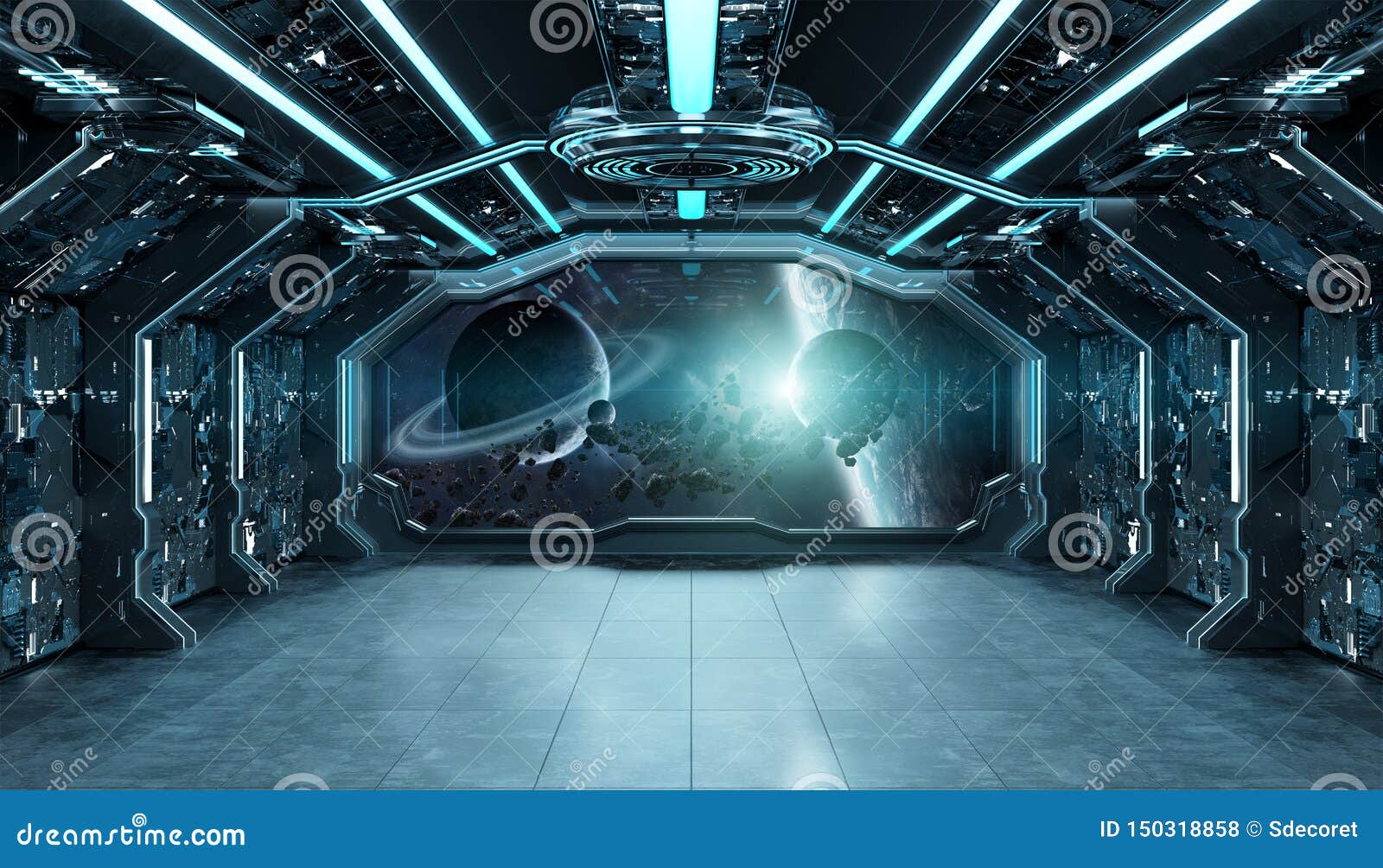Dark Blue Spaceship Futuristic Interior With Window View On