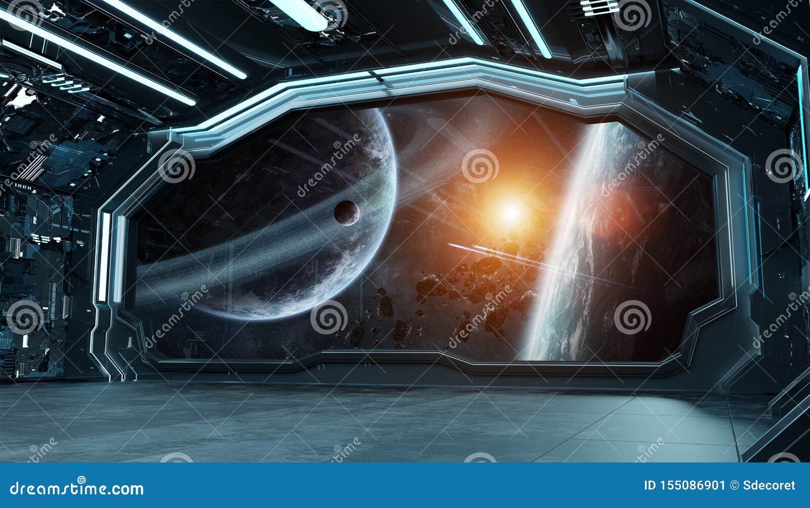 Dark Blue Spaceship Futuristic Interior With Window View On