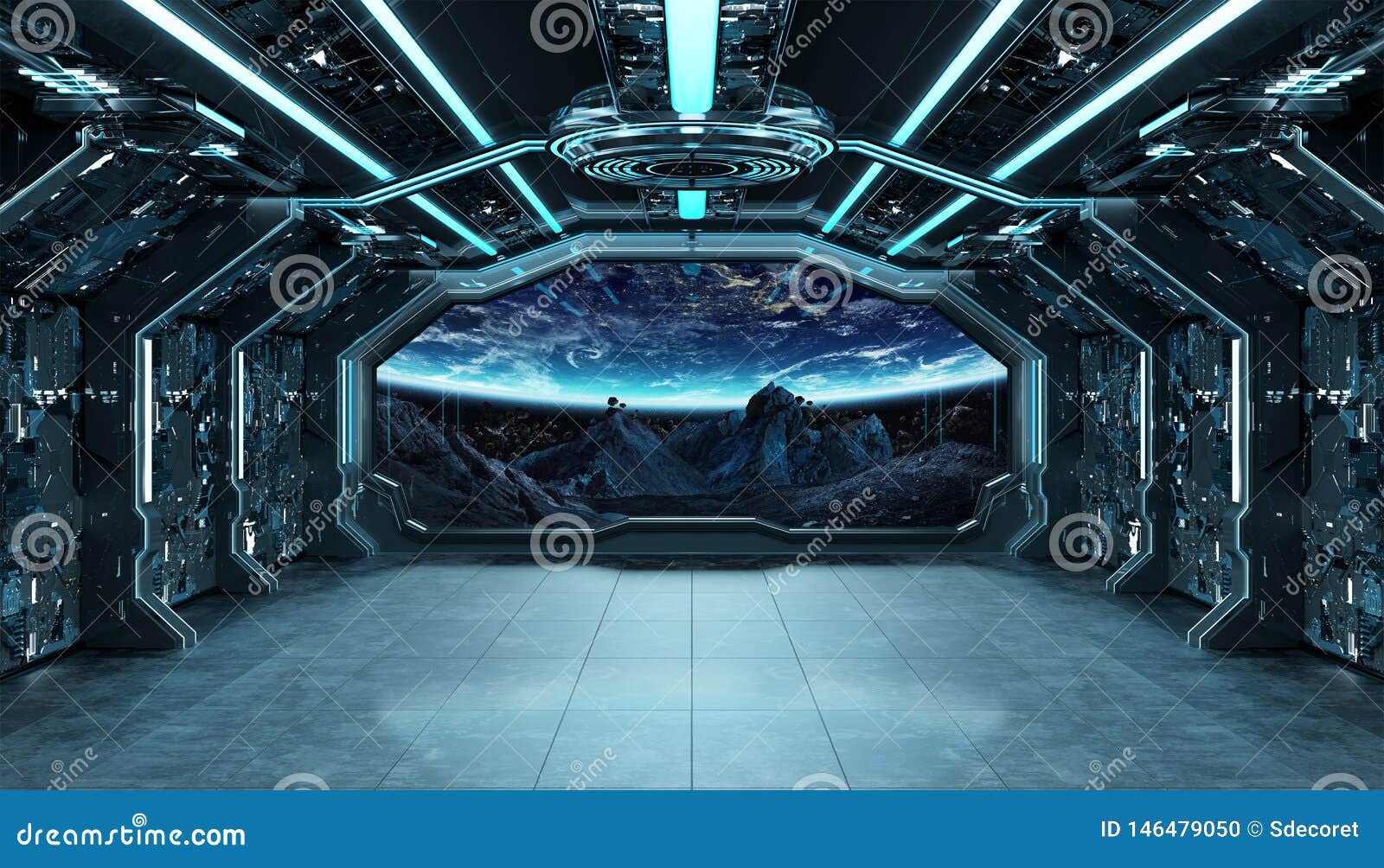 Dark Blue Spaceship Futuristic Interior With Window View On