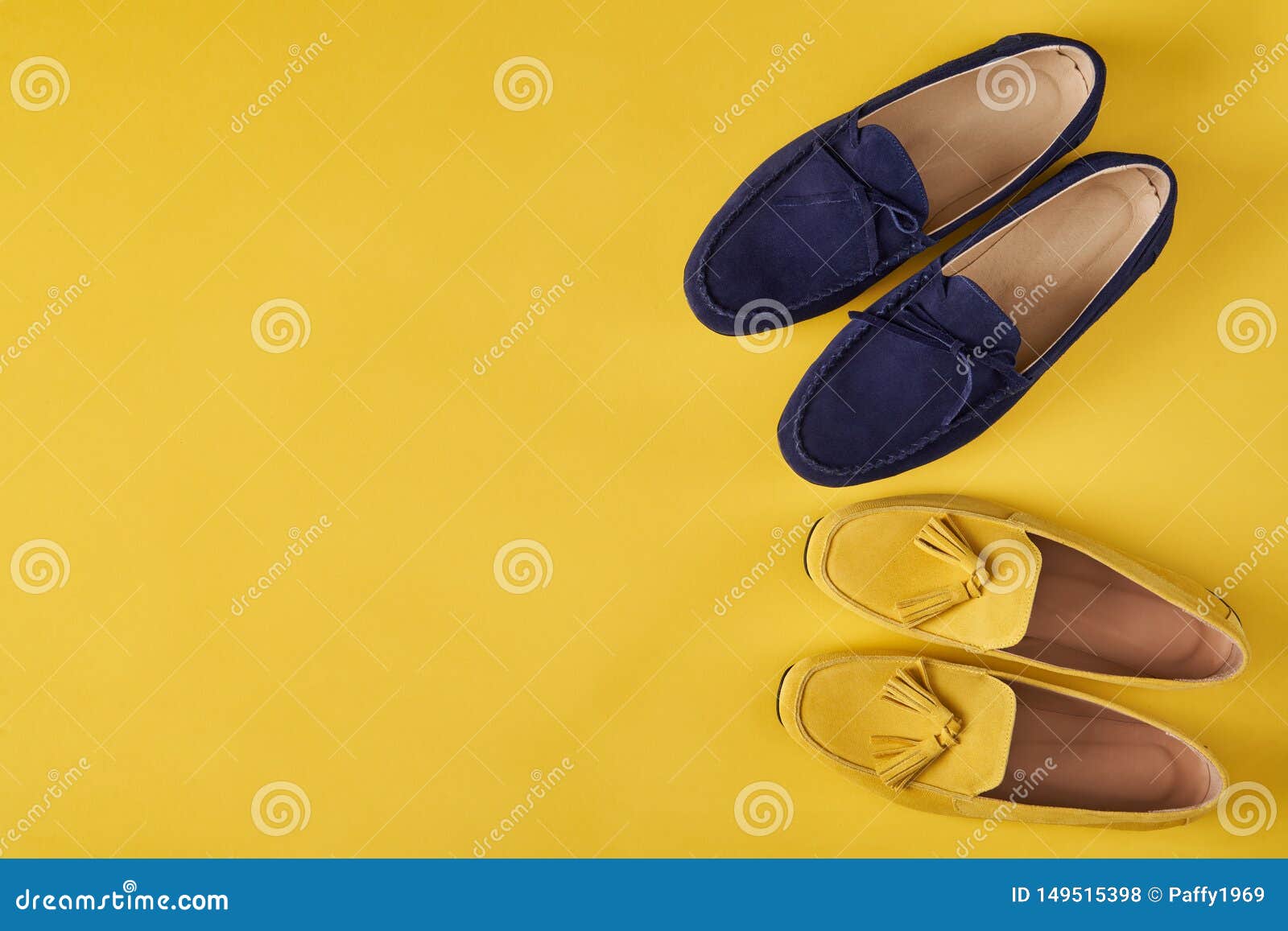 Dark Blue Suede Man`s and Yellow Woman`s Moccasins Shoes Over Yellow ...