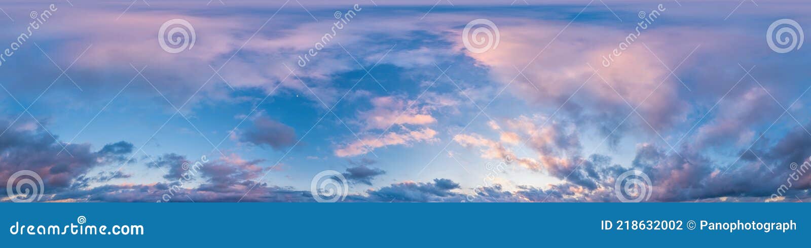 dark blue sunset sky pano with cumulus clouds. seamless hdr panorama in spherical equirectangular format. complete