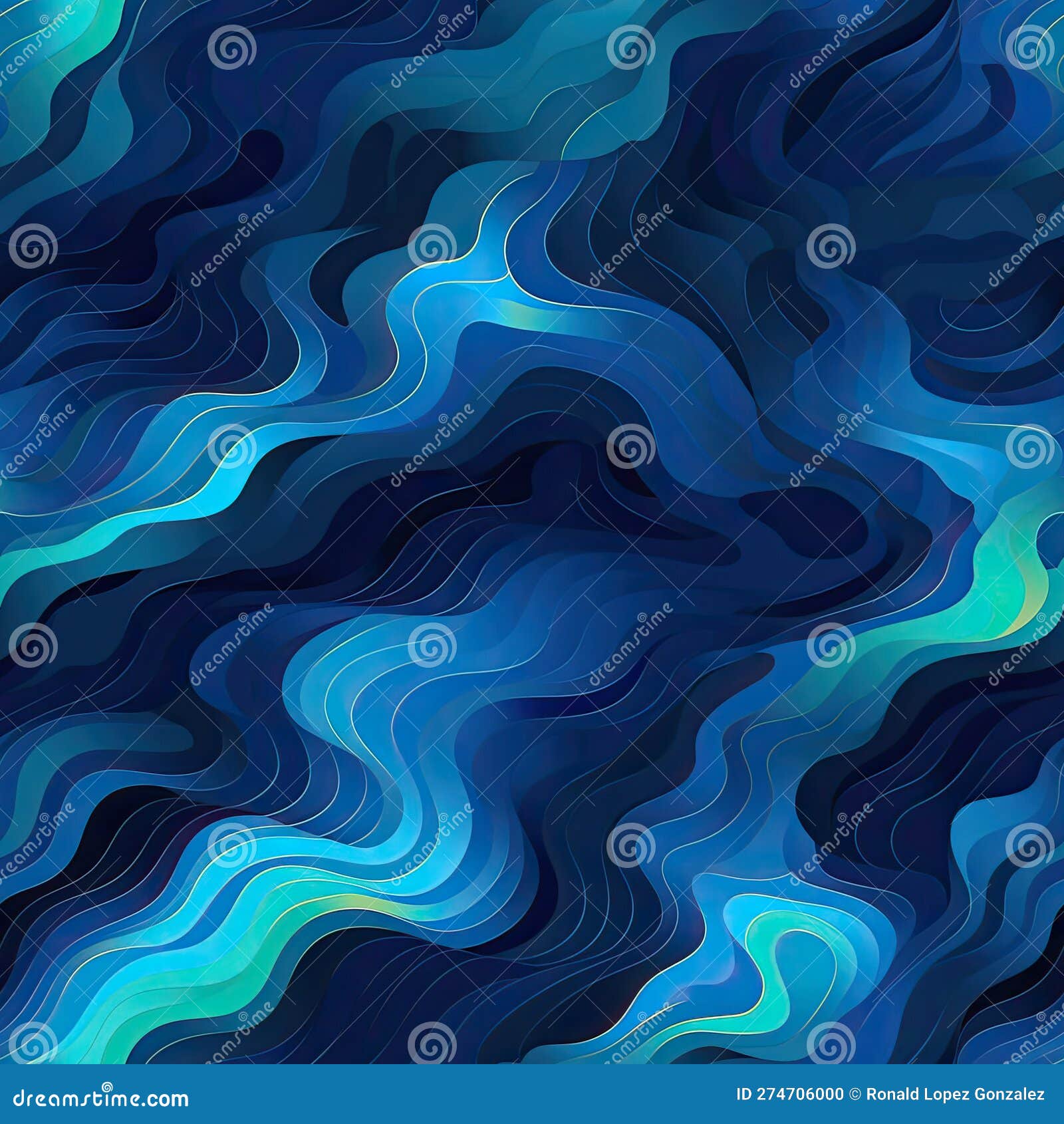 Dark Blue and Teal Wavy Abstract Seamless Pattern 05. Generative AI