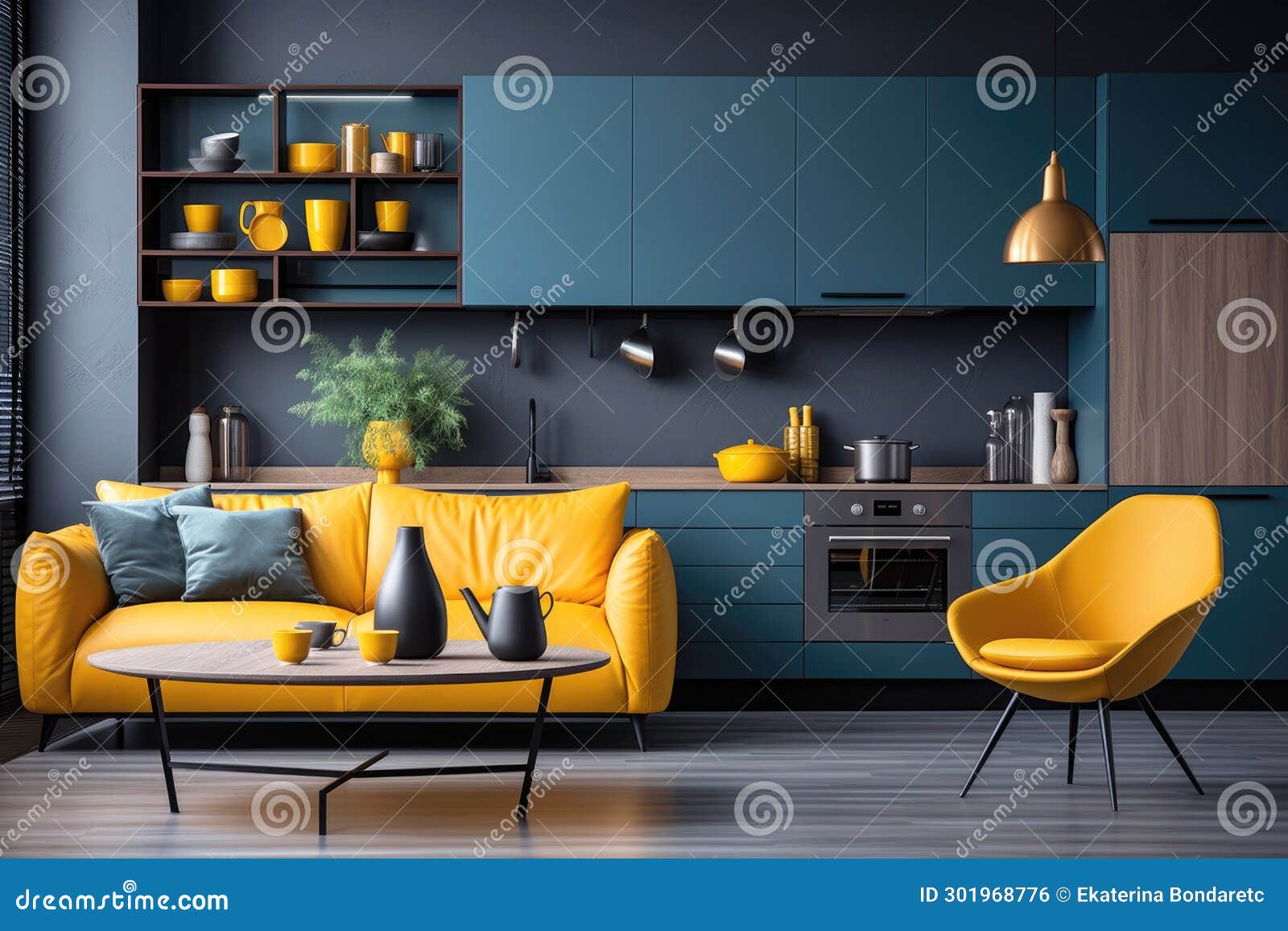 Dark Blue and Yellow Kitchen, Modern Interior Design Style. Stock