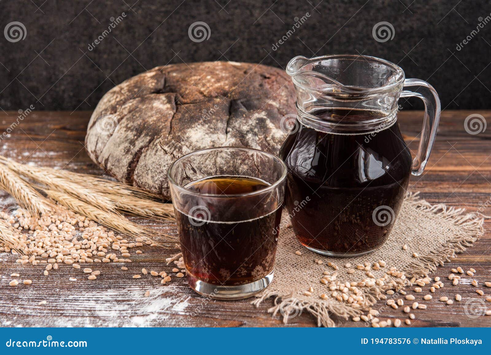 Dark Bread Kvass and Rye Bread and Ears with Grain Stock Photo Image