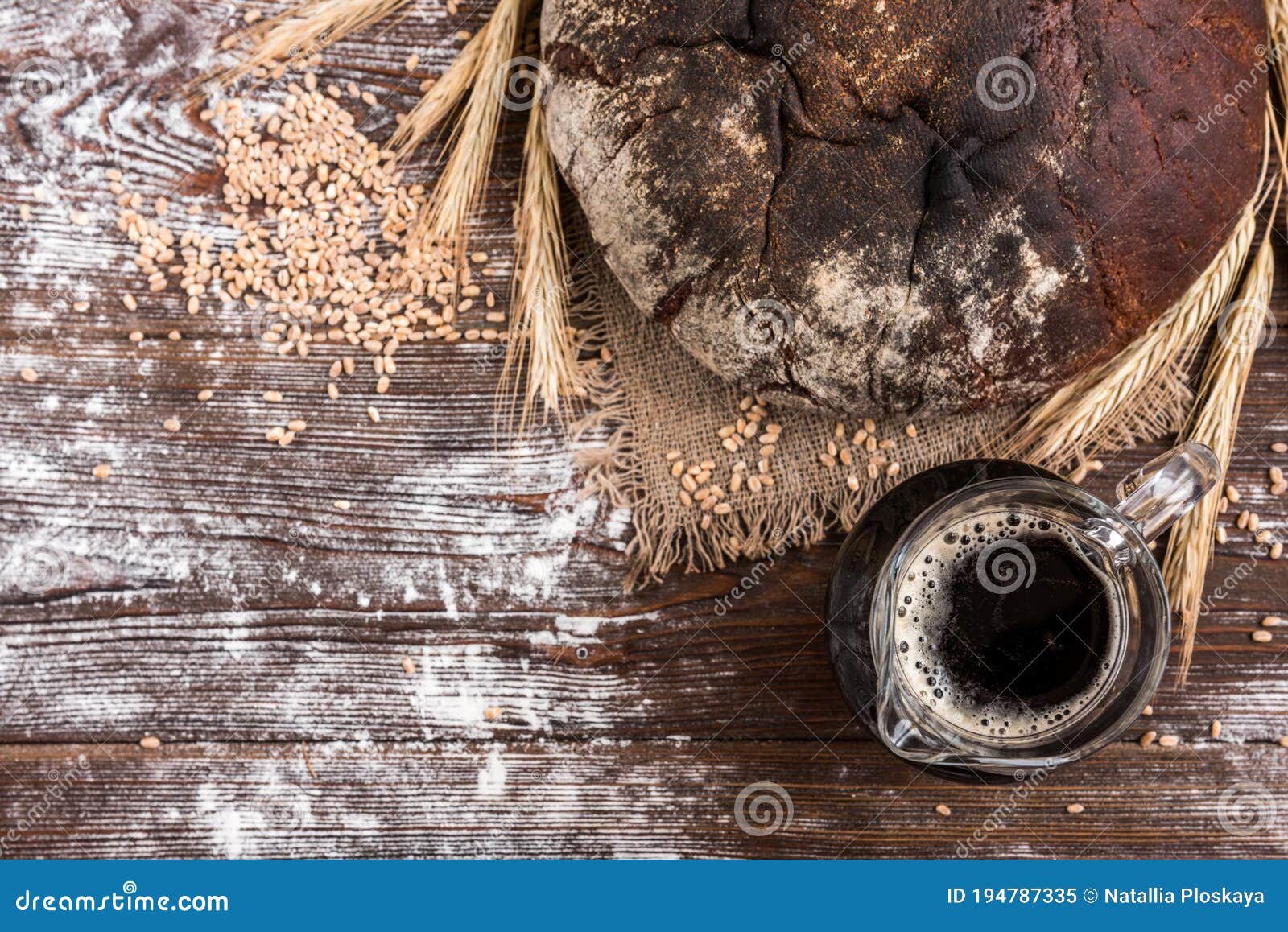 Dark Bread Kvass and Rye Bread and Ears with Grain Stock Image Image
