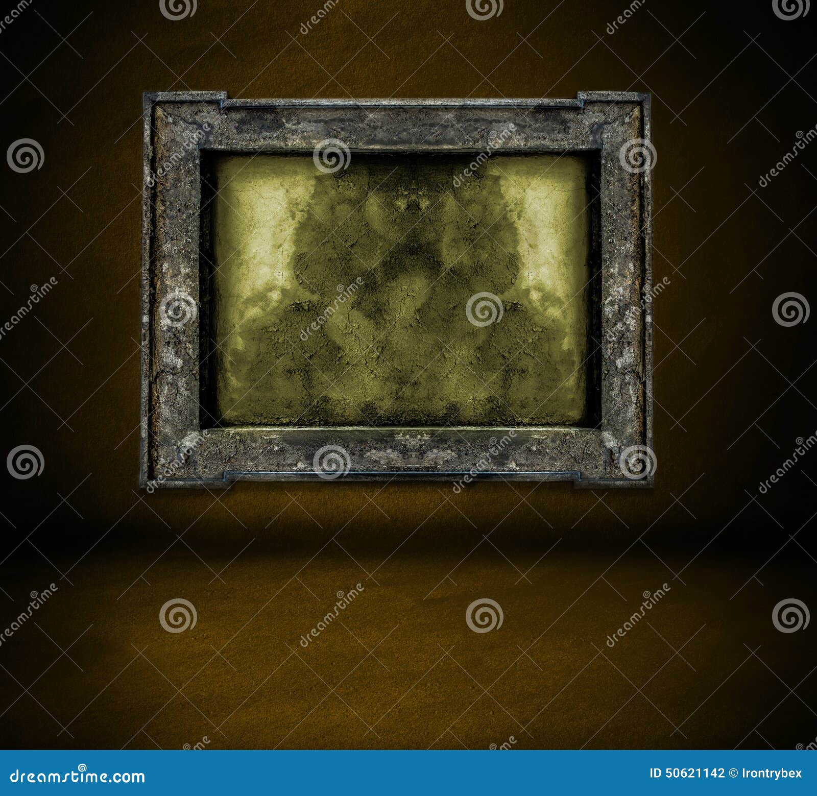 Dark Brown Wall with Frame and Floor Interior Background Stock Photo