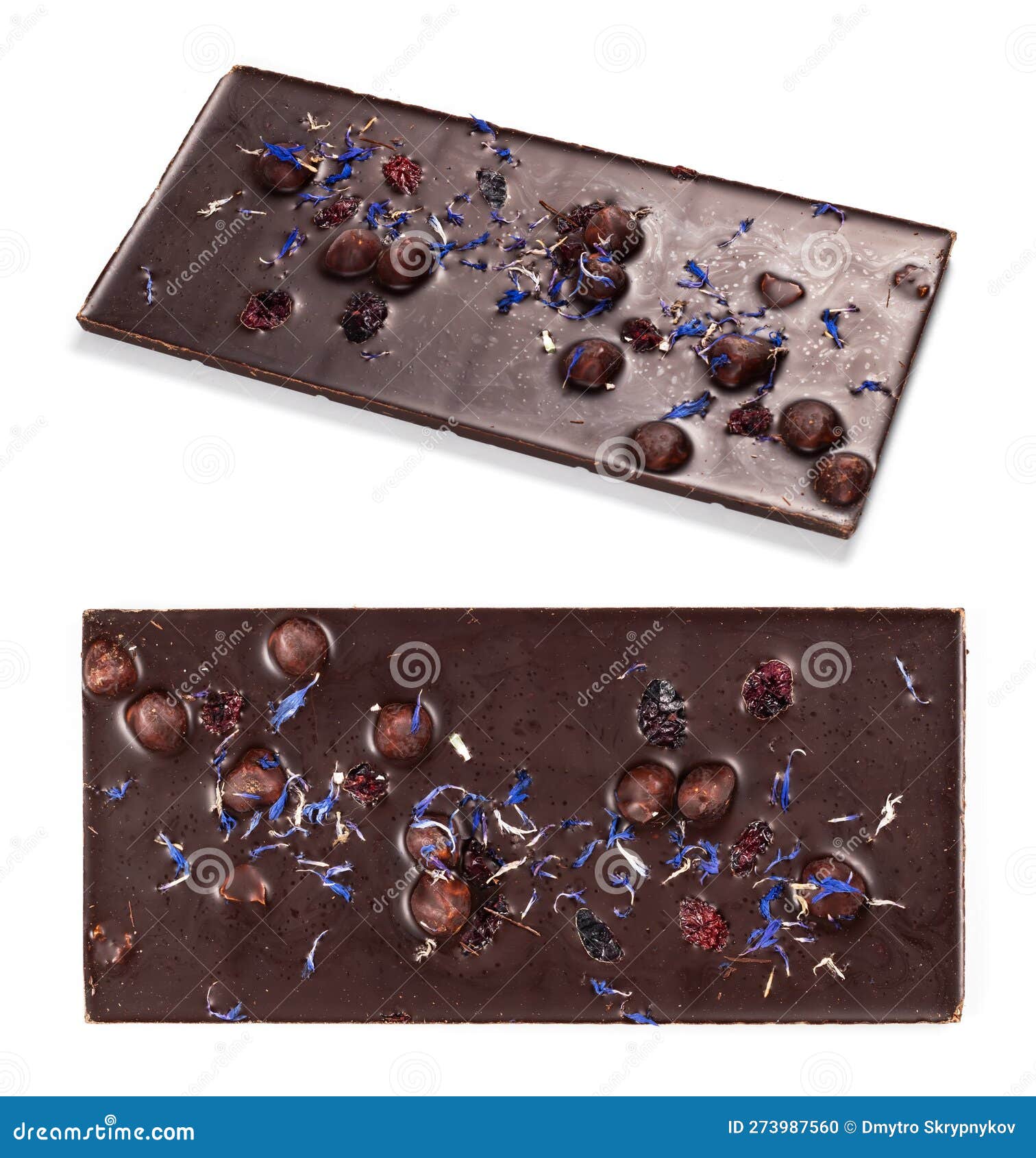 Dark Chocolate Bar Isolated on White with Nuts and Cornflowers and