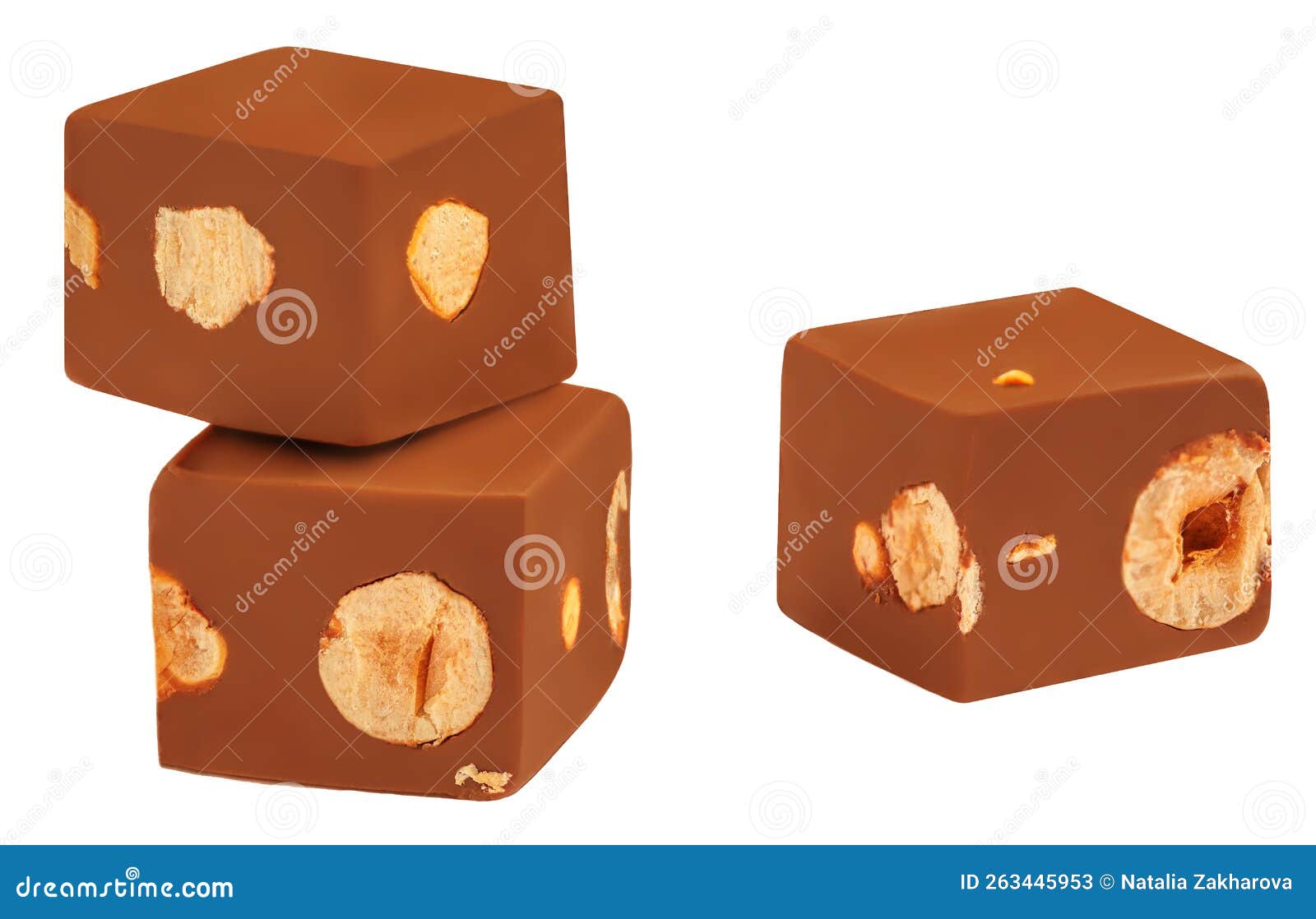 Dark Chocolate Candy Pieces with Nuts Isolated on White Background