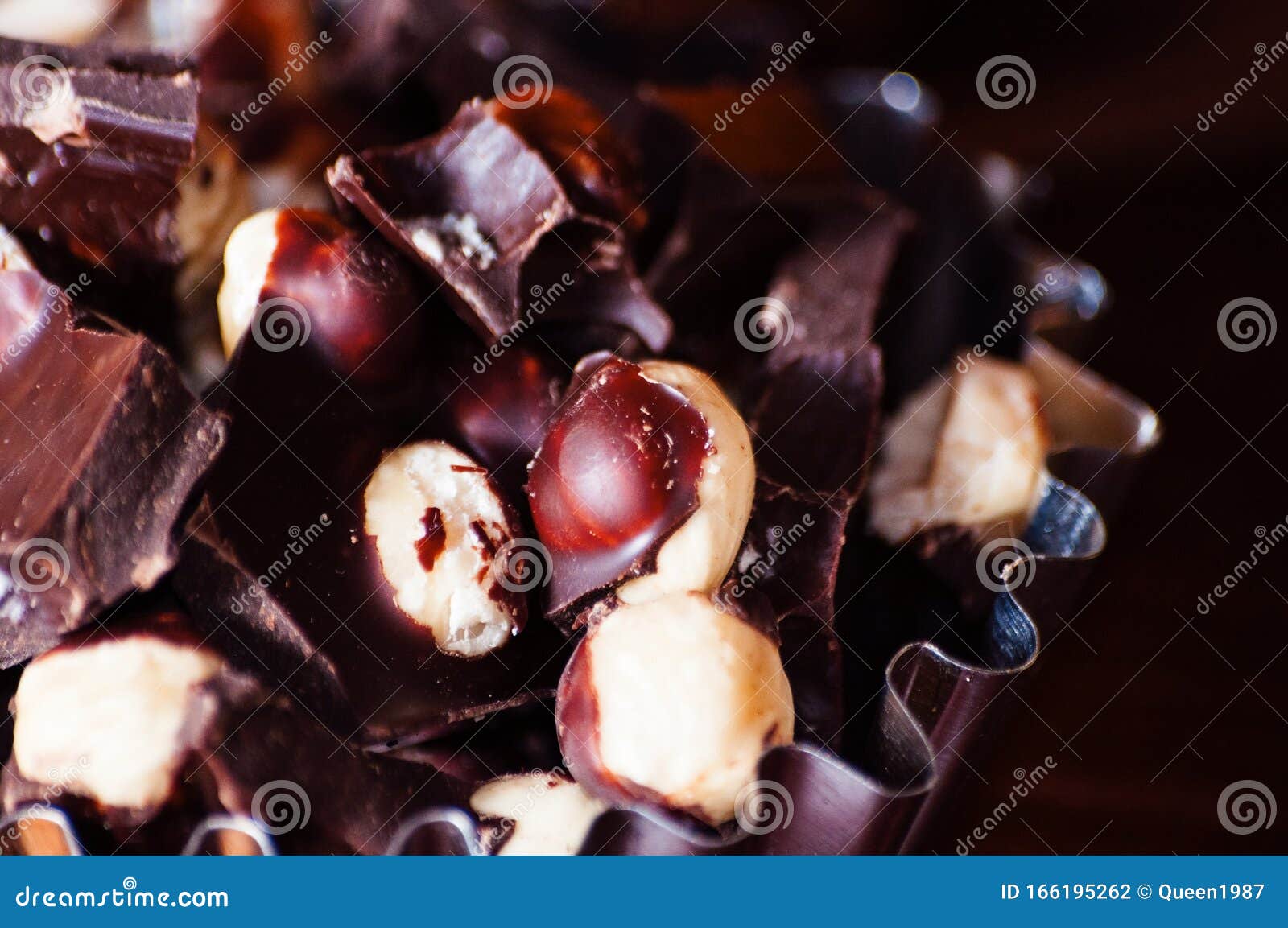 Dark Chocolate with Nuts Macro, Closeup, Side View Stock Photo Image