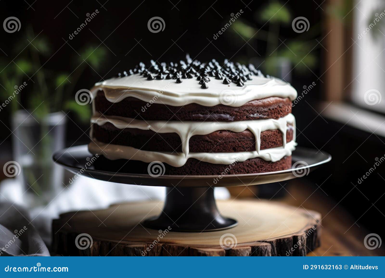 Dark Cocoa Cake with White Icing on a Cake Stand Stock Image Image of