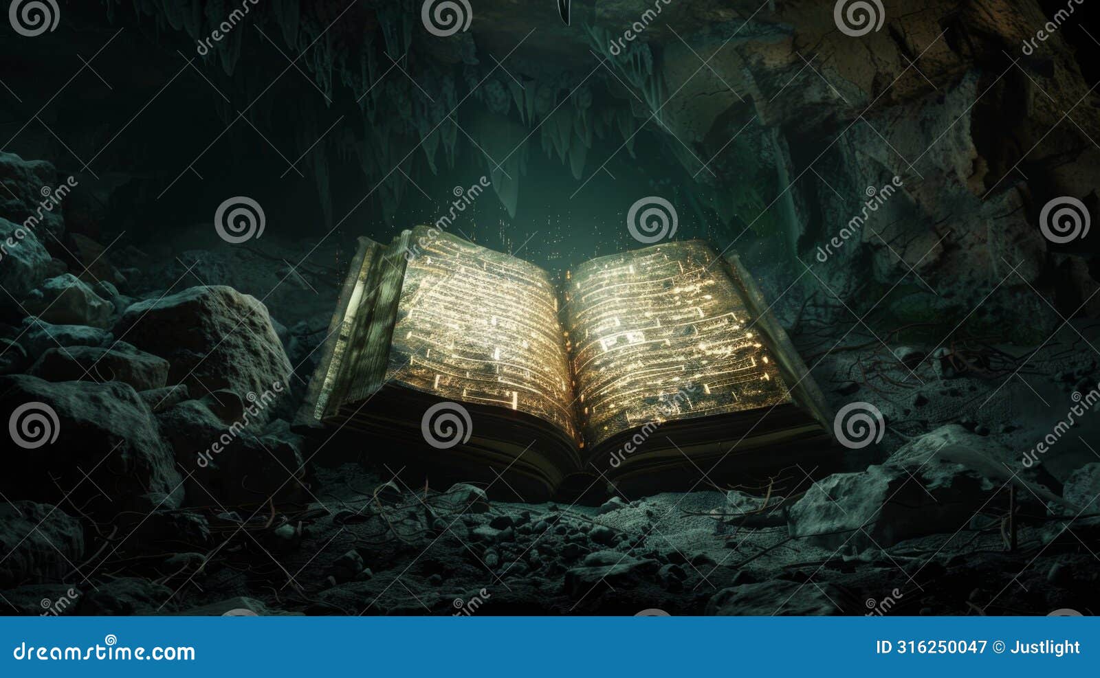 in the dark depths of a hidden cave an illuminated mcript floats in the air its pages turning on their own accord. the
