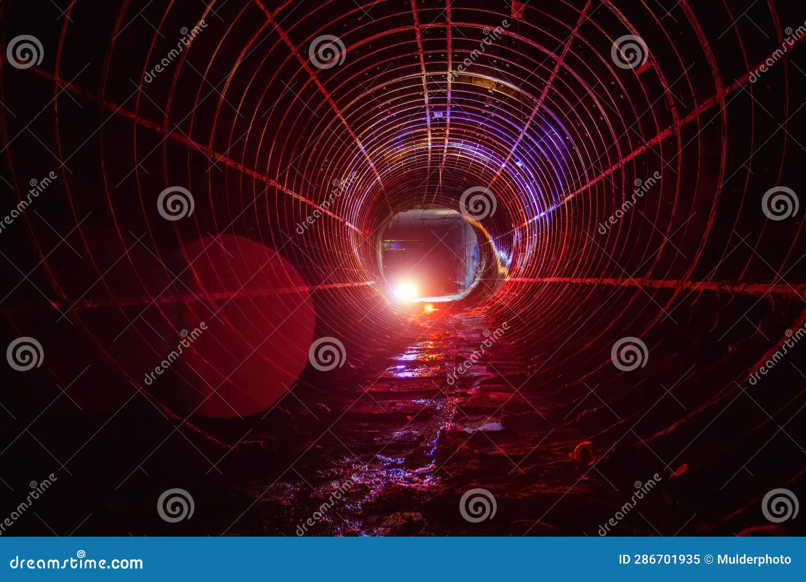 Dark Dirty Abandoned Subway Tunnel with Rusty Railway Stock Image