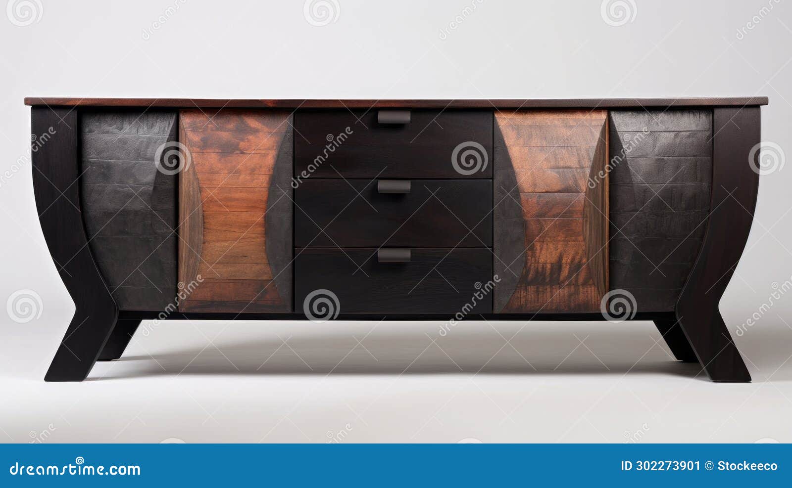 modern dark wood buffet with precisionist art style