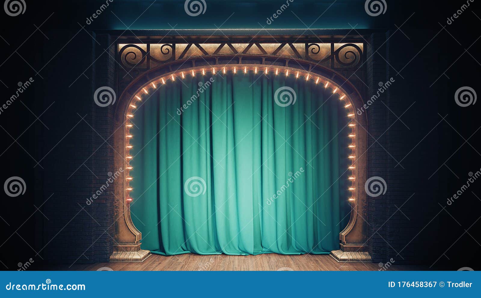 dark empty cabaret or comedy club stage with green curtain and art nuovo arch. 3d render