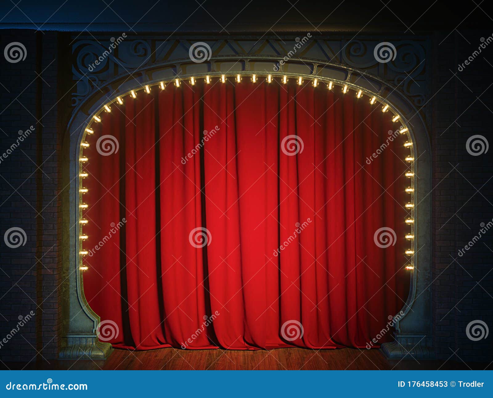 Dark Empty Cabaret or Comedy Club Stage with Red Curtain and Art Nuovo ...