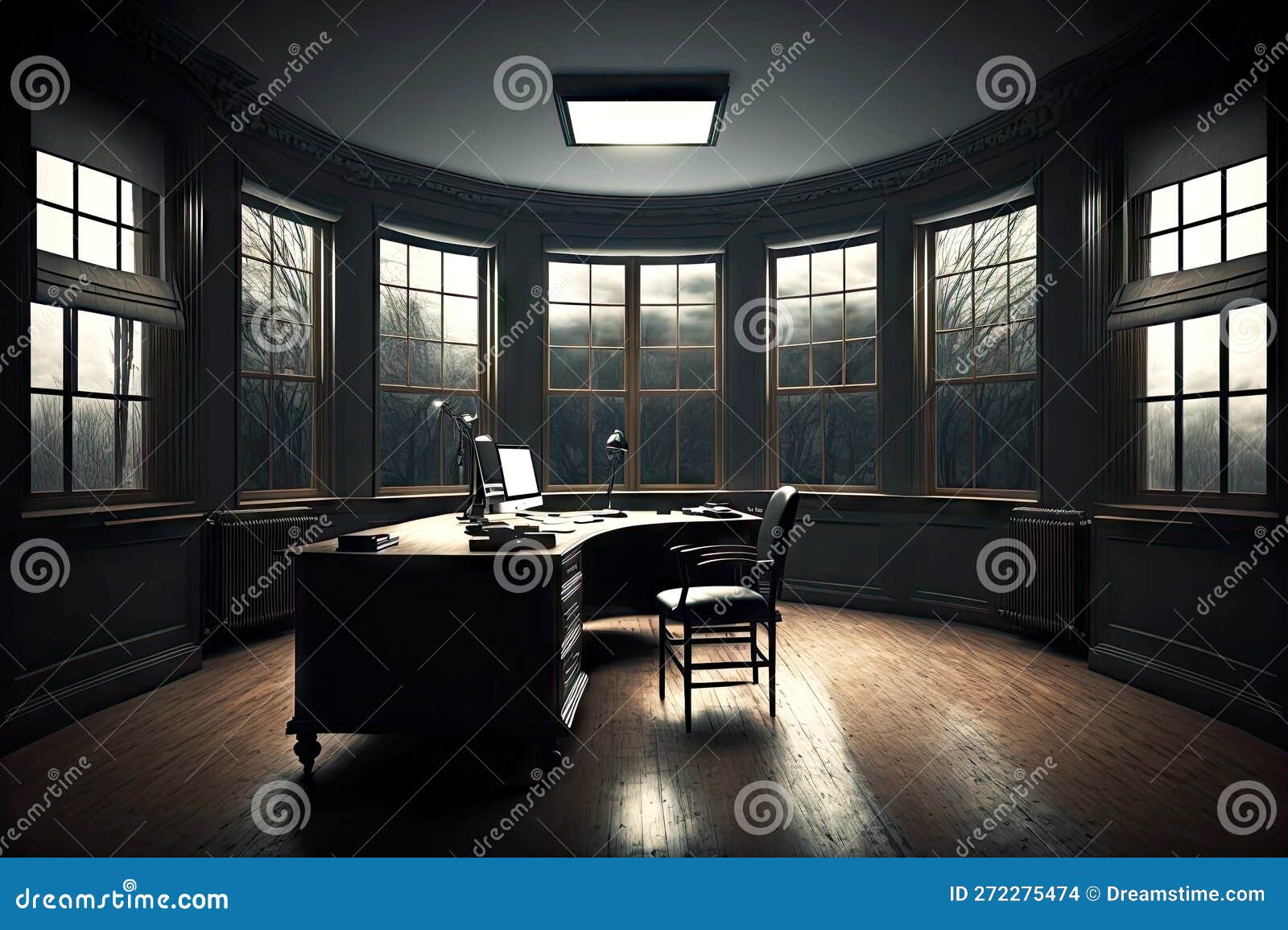 Dark Empty Office Room with Clic Interior and Bay Window Stock
