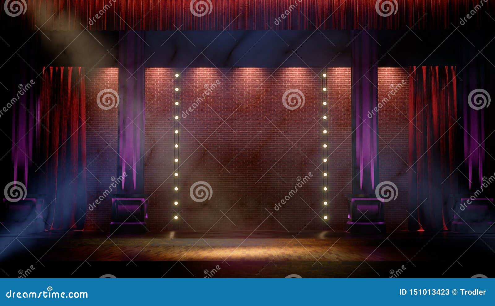 dark empty stage with spot lights. comedy, standup, cabaret, night club stage 3d render