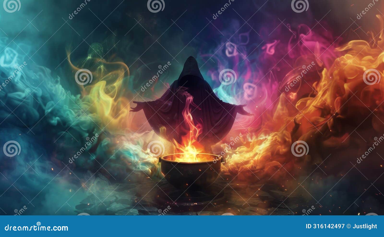 a dark ethereal figure looms over a mystical cauldron surrounded by swirling clouds of colorful smoke. as they chant