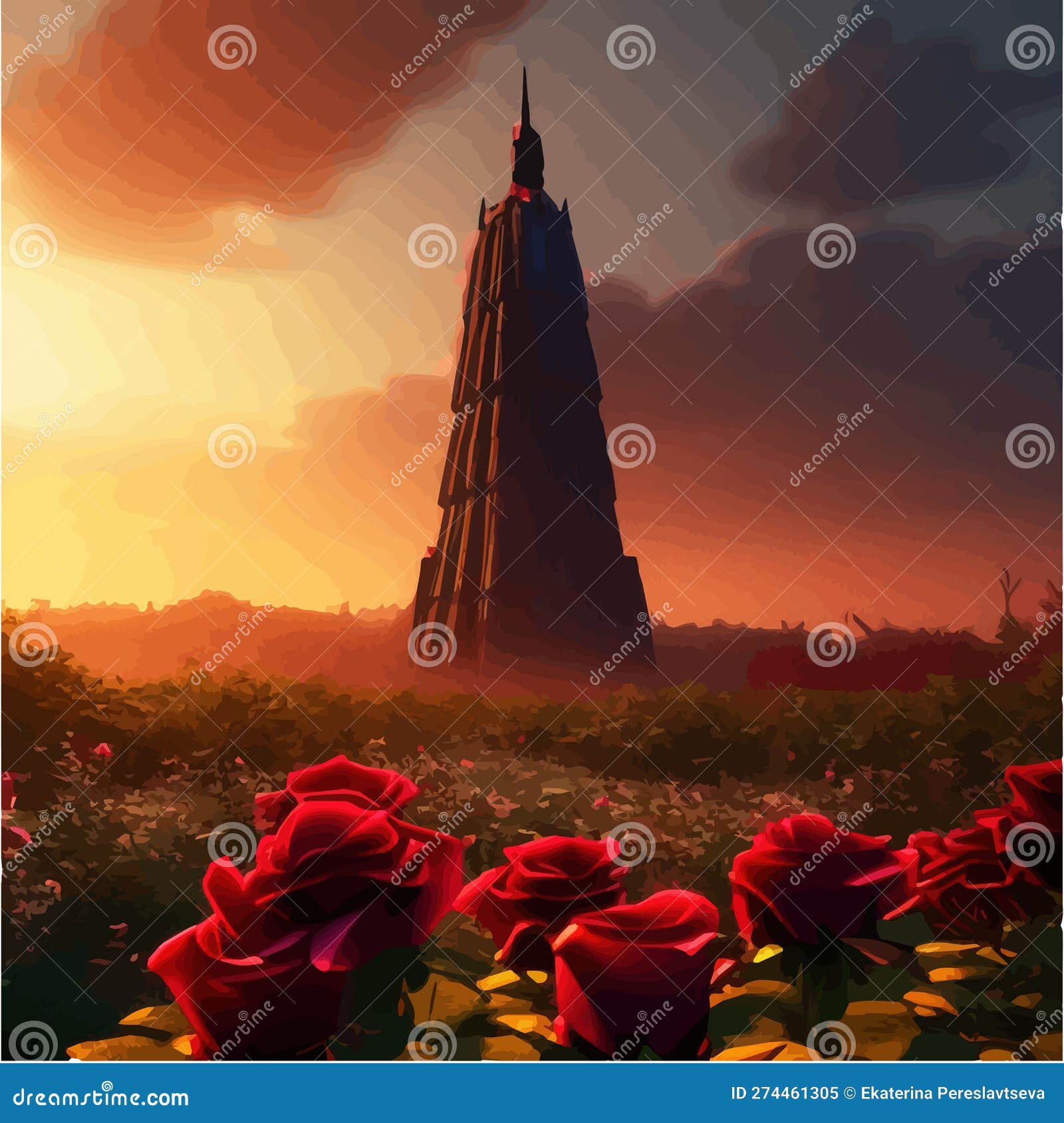 dark fabulous field red roses and mysterious tower against background bright