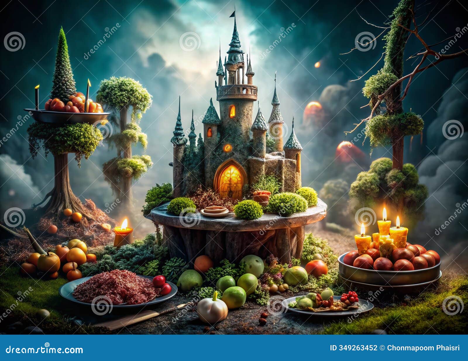 a dark fantasy biomimetic castle a mystical setting for captivating food photography in a thorny mistshrouded forest