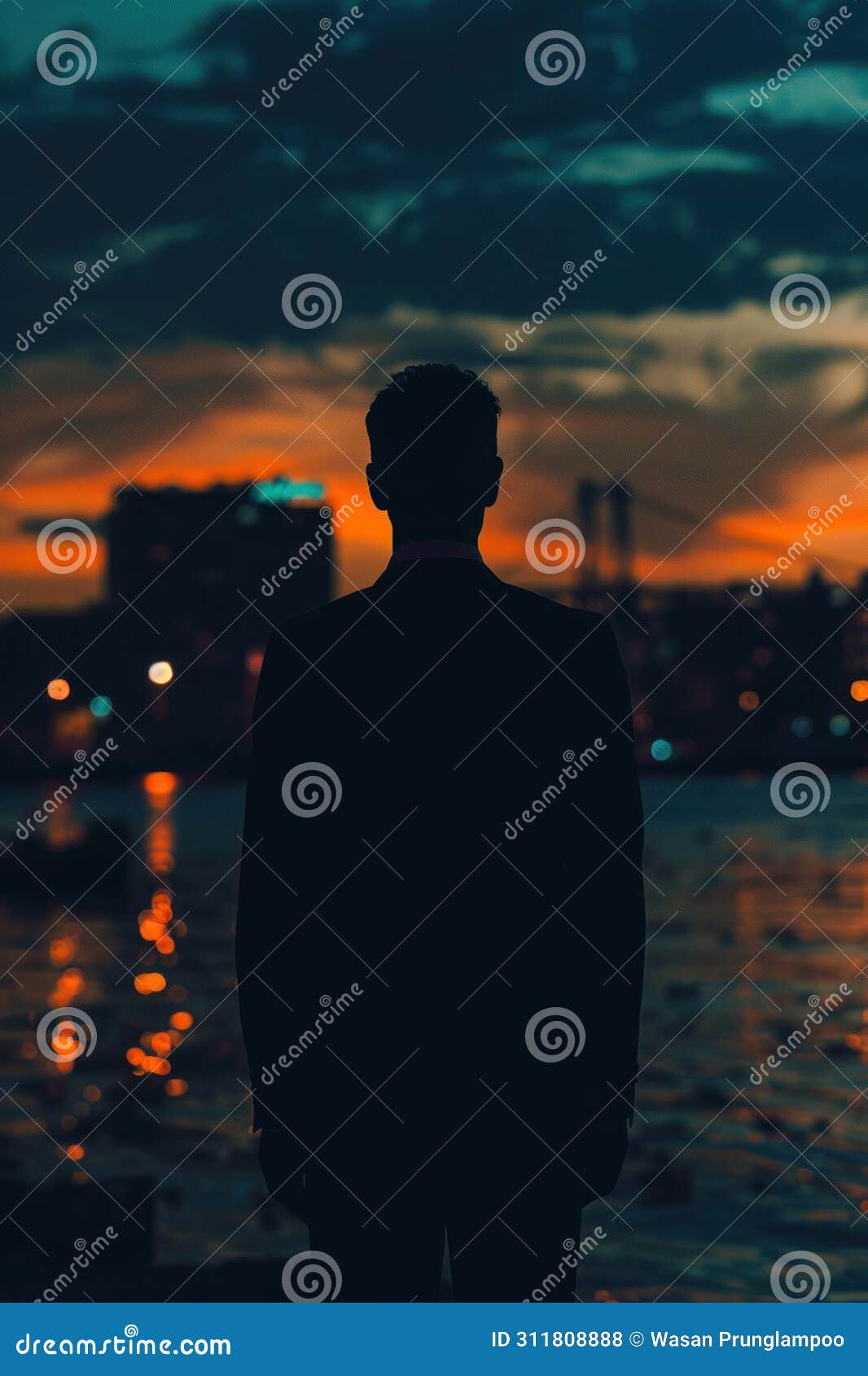 dark figure of a man in suit, sunset quay, silent yearning , 8k resolution