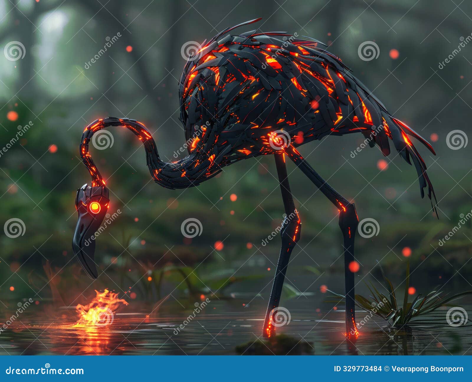 dark flamingo robot in anime form, with glowing emberlike effects, hauntingly beautiful