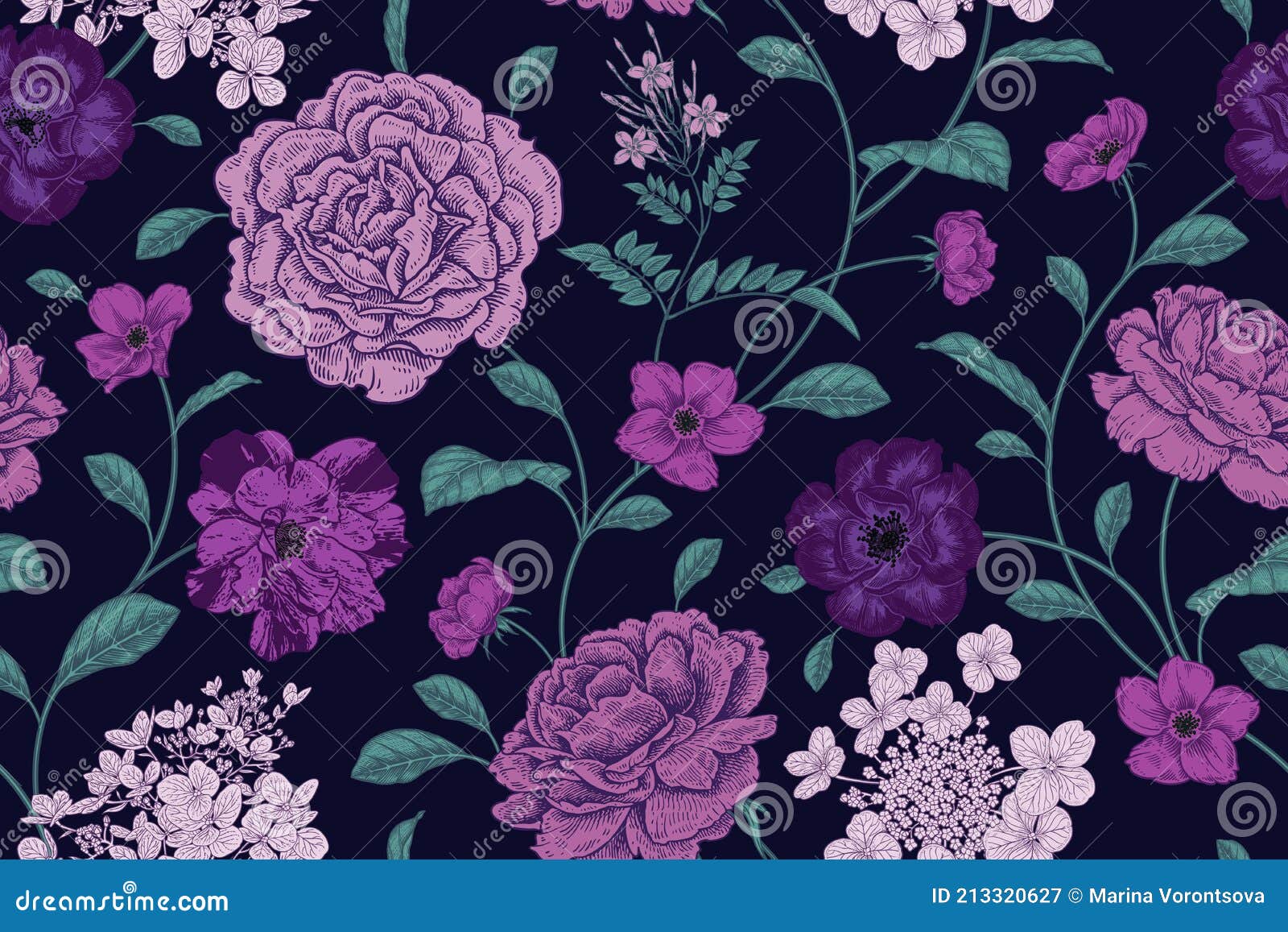 Dark Floral Background. Vintage Seamless Pattern. Vector Stock Vector -  Illustration of design, flora: 213320627
