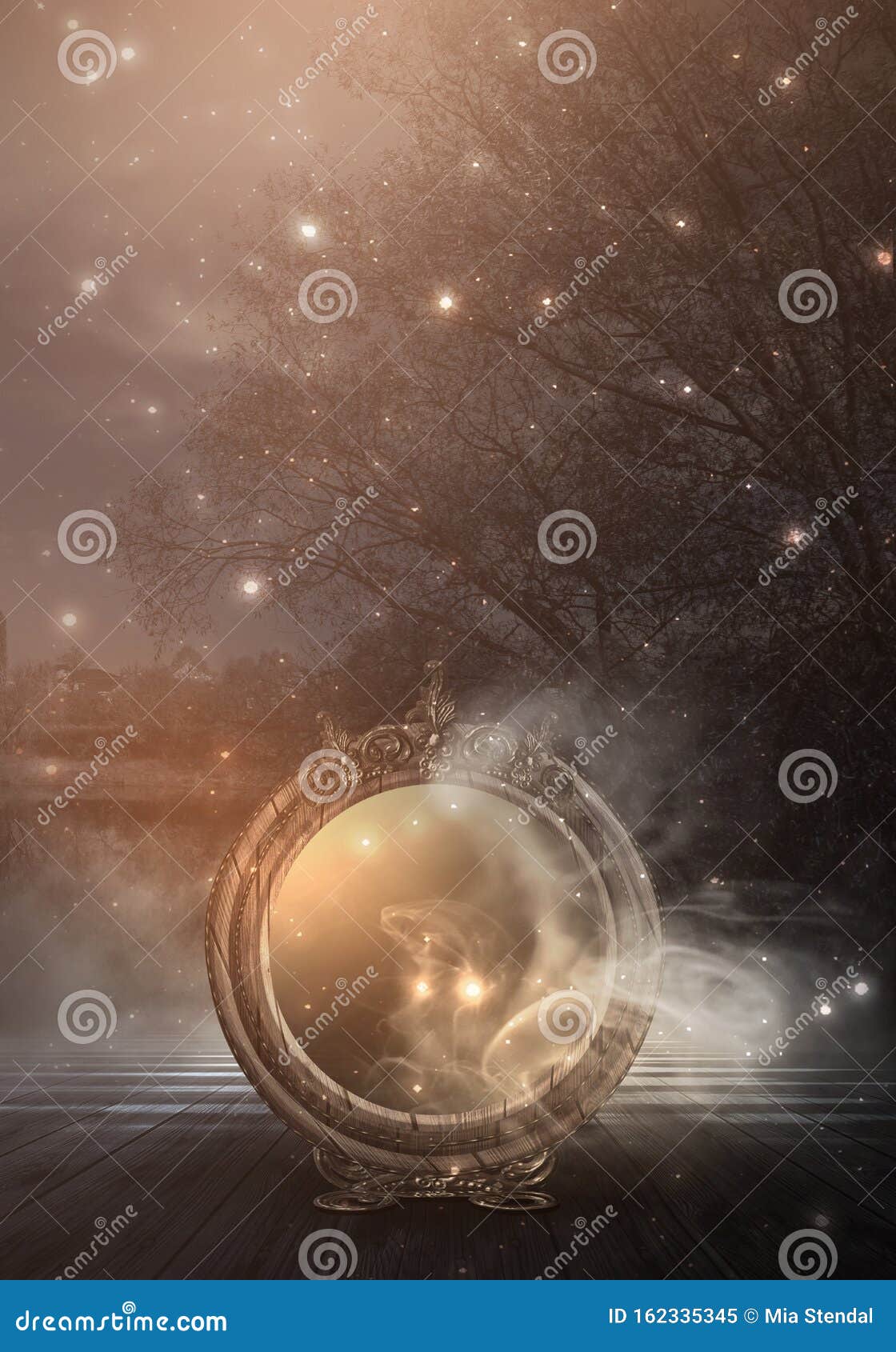 dark forest, magic mirror. night view, smoke, smog, neon light, moon.