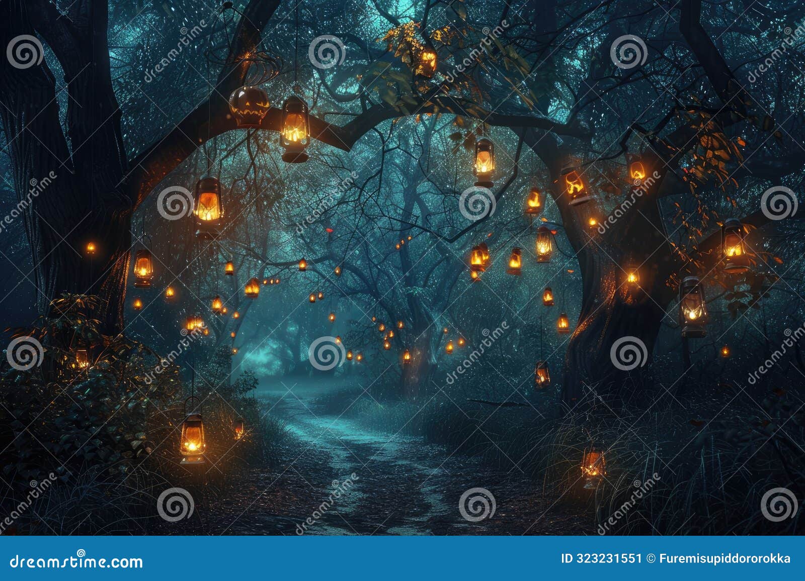 a dark forest path illuminated by lanterns hanging from the trees, mystical and eerie atmosphere perfect for halloween