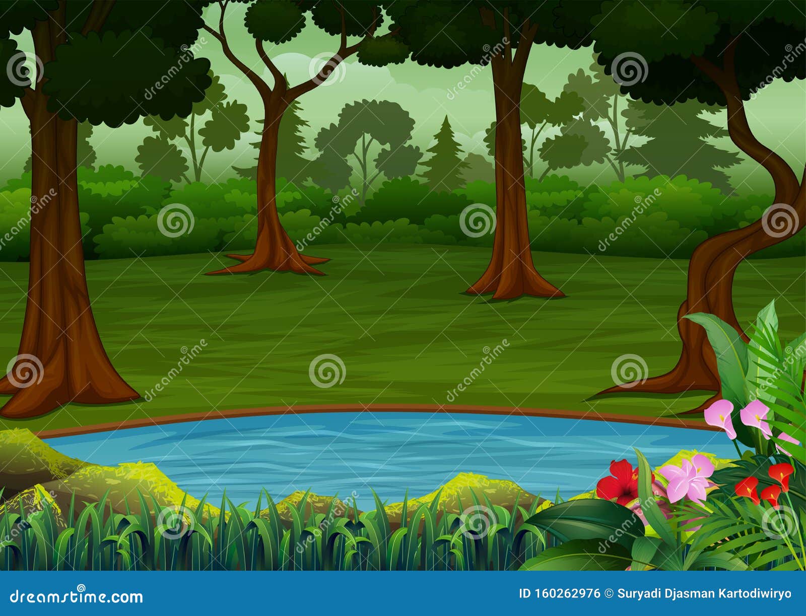dark forest scene with many trees and small pond