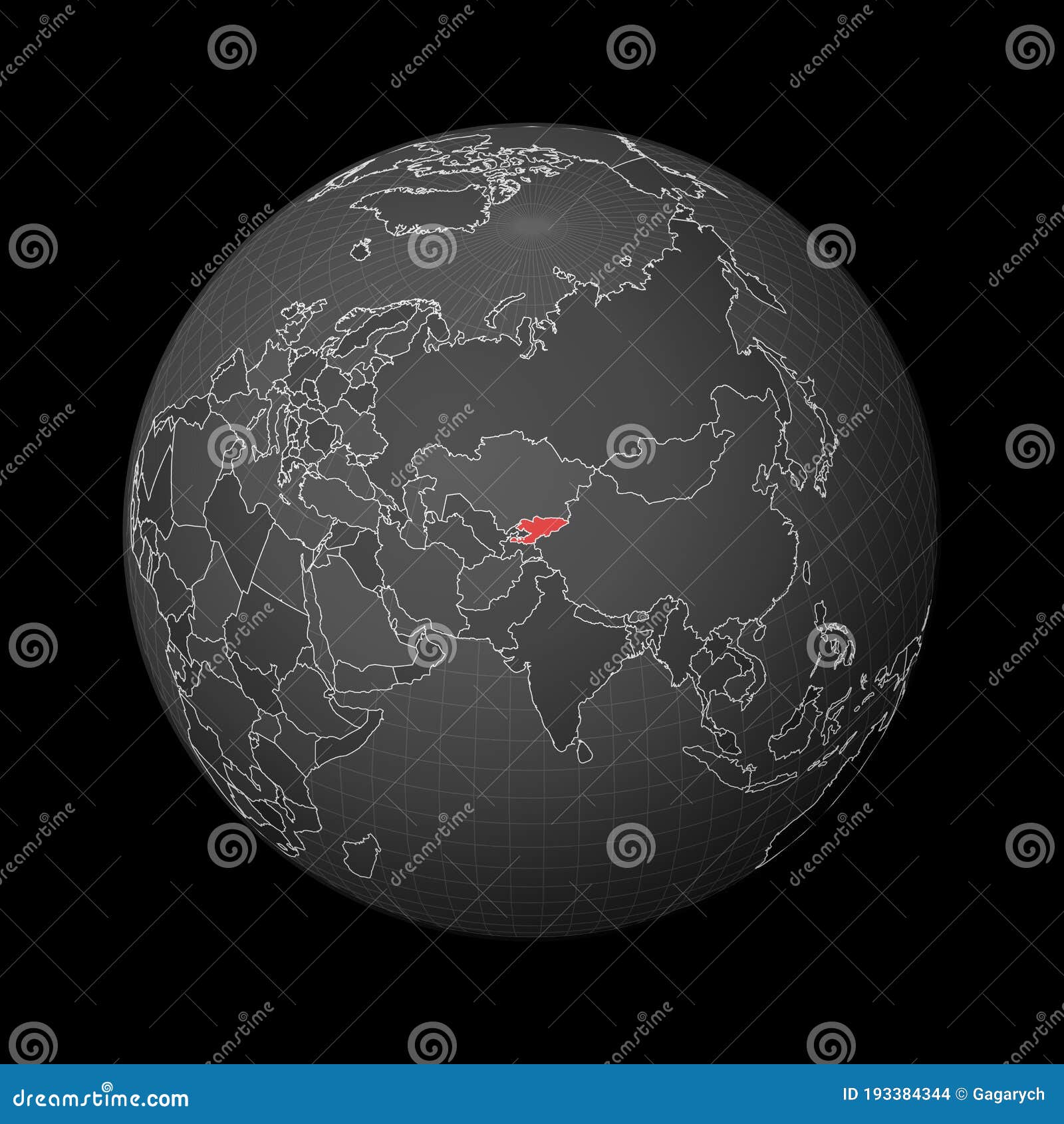 dark globe centered to kyrgyzstan.
