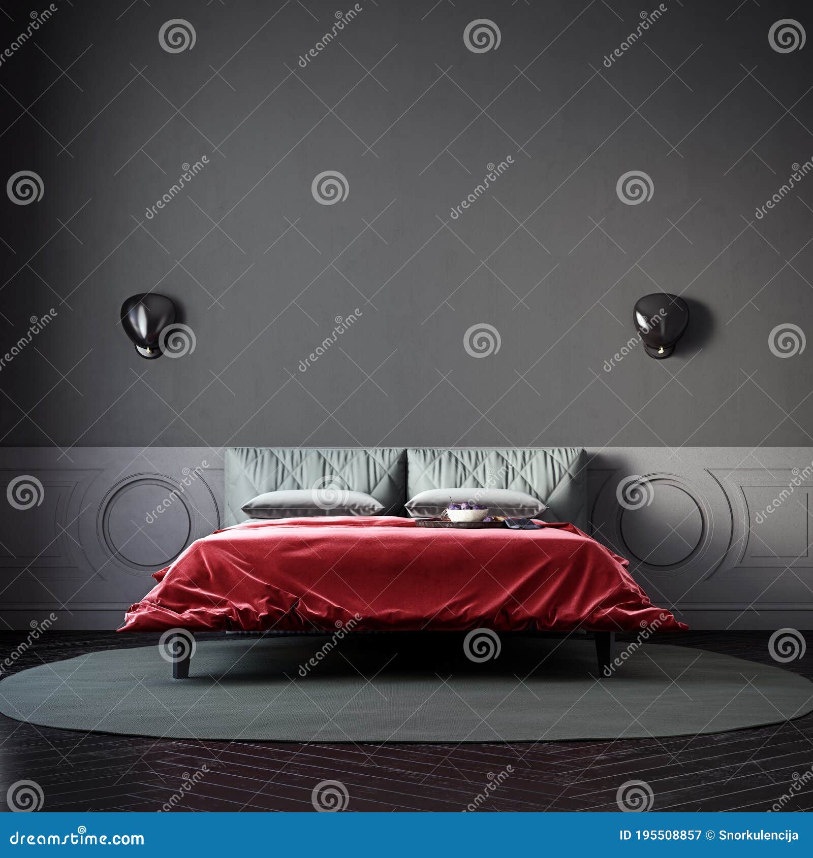 dark gloomy bedroom with vibrant red color bedspread, noir style, mock-up with negative space