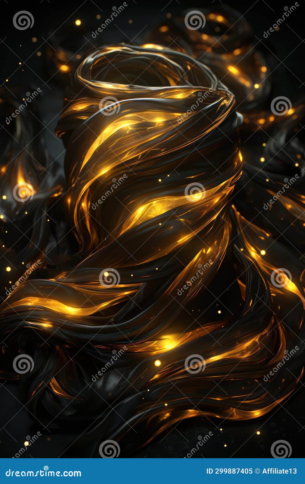 dark and gold swirls of metal, in the style of realistic, detailed rendering, water drops, contrasting colors, shiny glossy