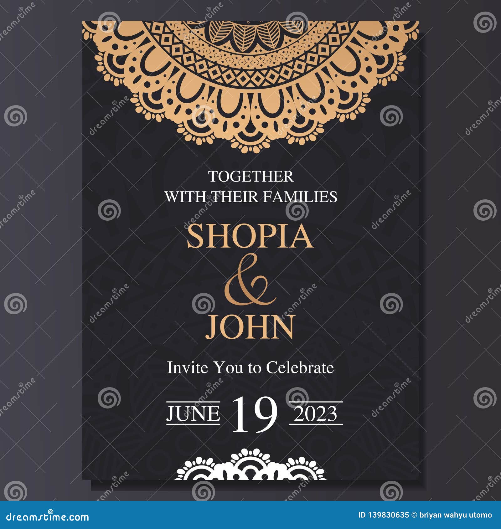Luxury and Elegant Wedding Invitation Card with Mandala Ornament. Dark and  Golden Color Background Stock Vector - Illustration of color, design:  139830635