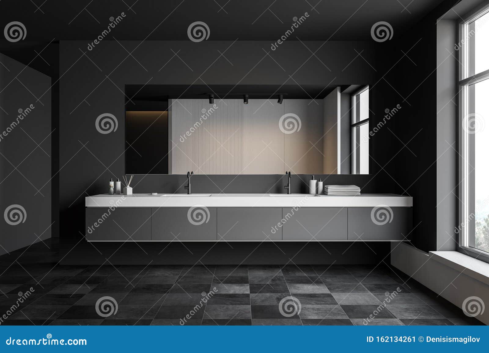 Dark Gray Bathroom with Double Sink Stock Illustration - Illustration ...