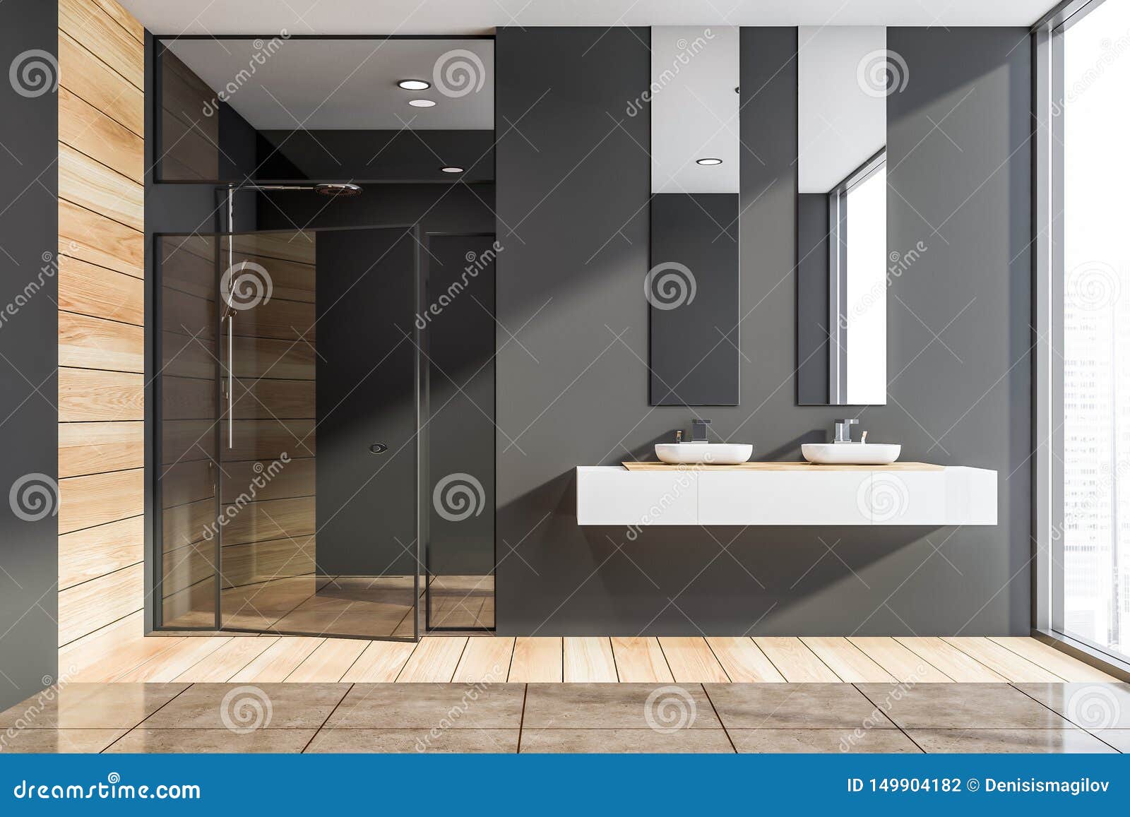 Dark Gray And Wooden Bathroom Sinks And Shower Stock Illustration Illustration Of Large House 149904182