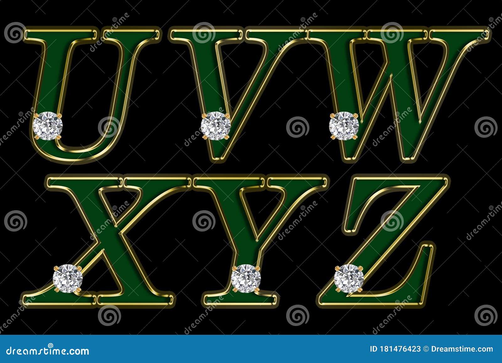 dark green alphabet with diamonds and a gold stroke on a black background.