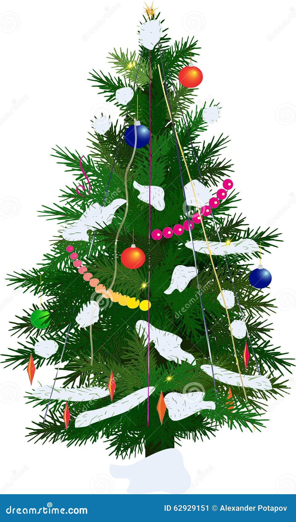 Dark Green Decorated Christmas Tree on White Stock Vector