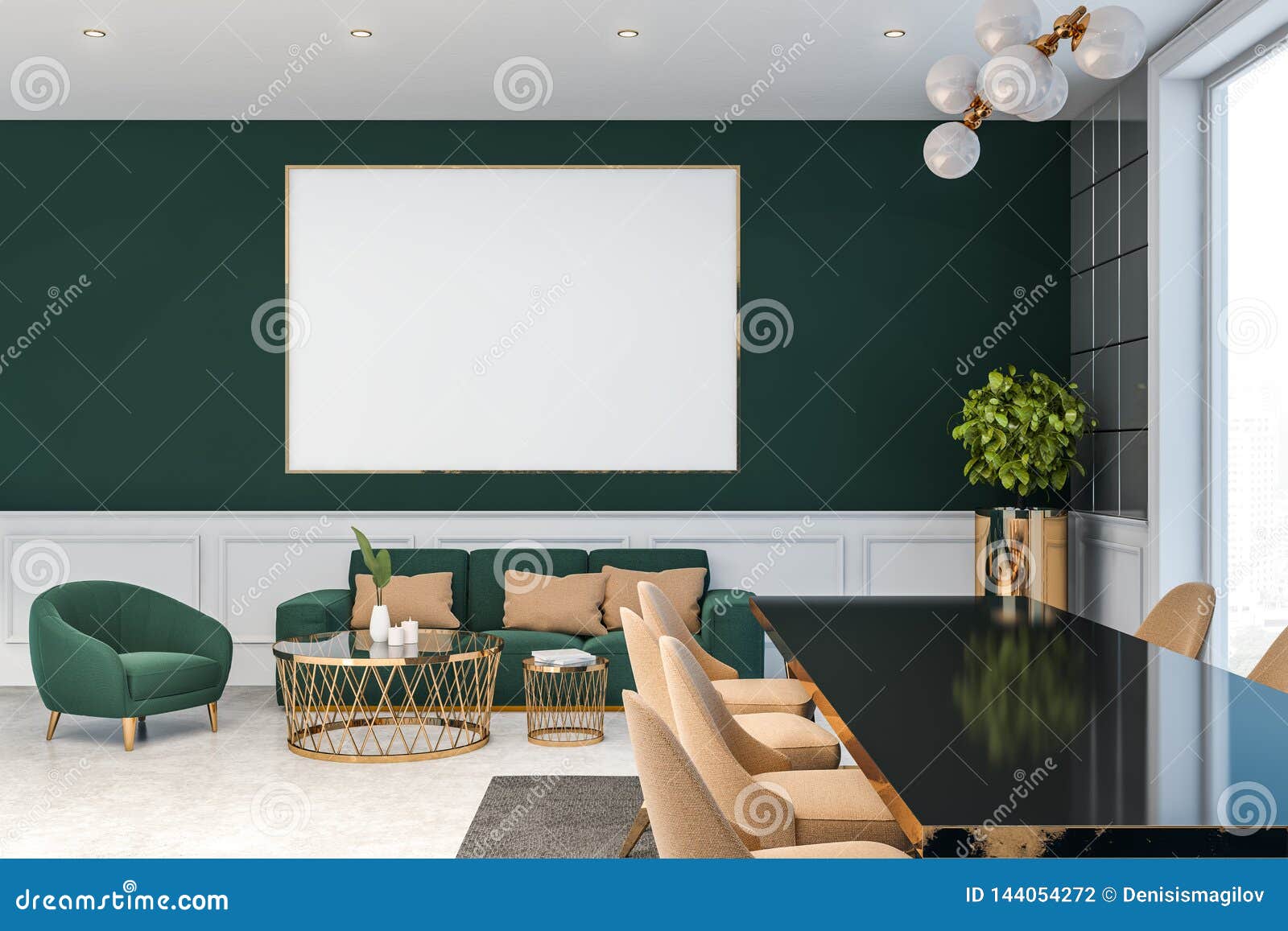 Dark Green Luxury Living Room With Poster Stock Illustration