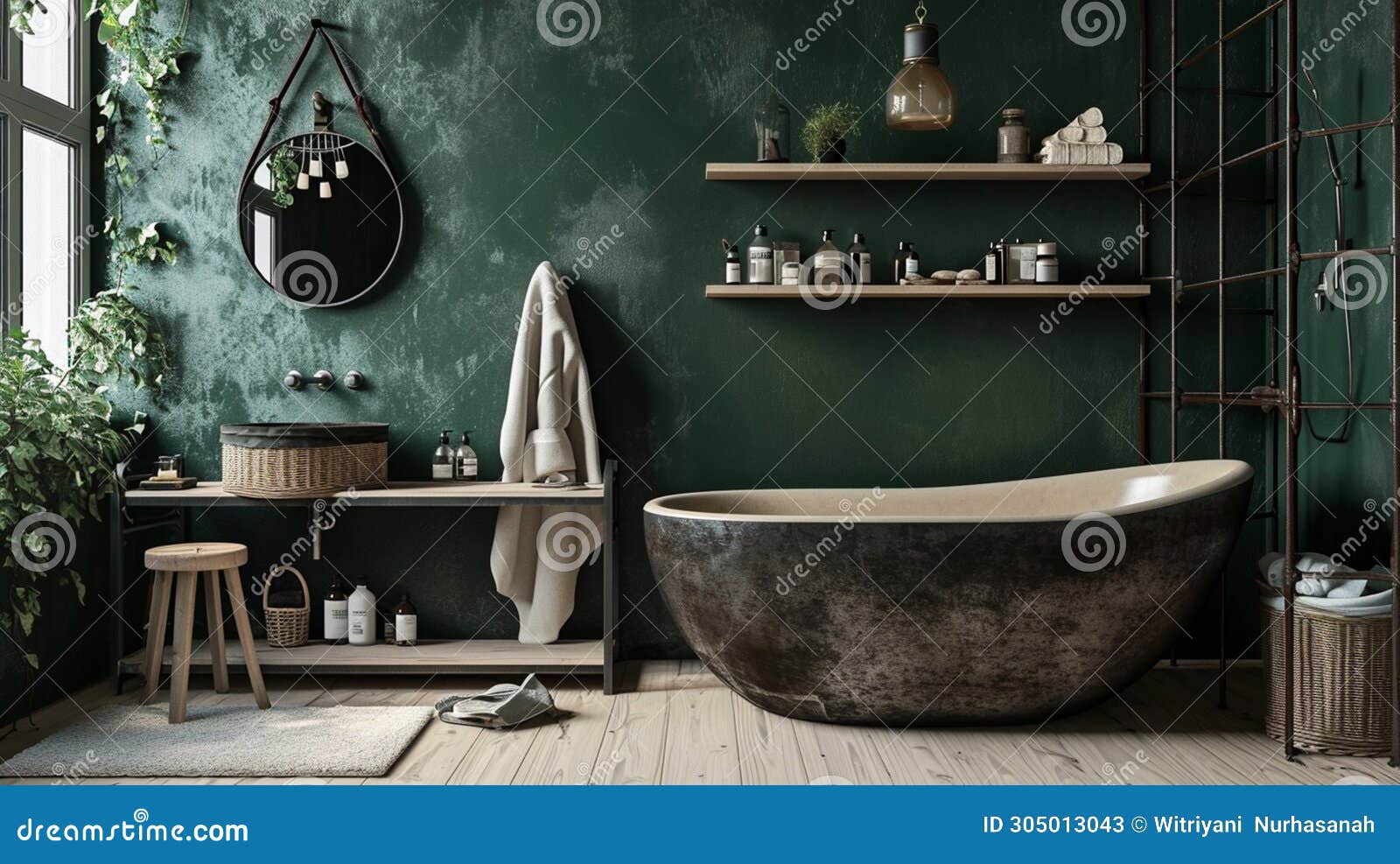Dark Green Rustic Bathroom, Wall Mock . Ai Generative Stock Image