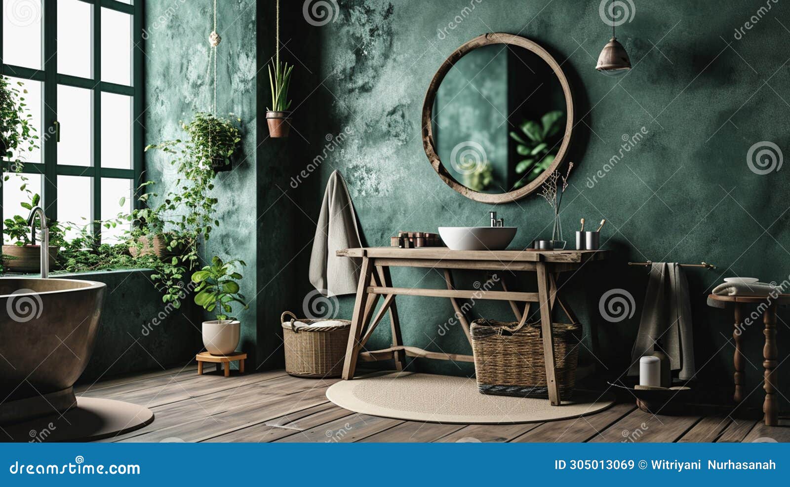 Dark Green Rustic Bathroom, Wall Mock . Ai Generative Stock
