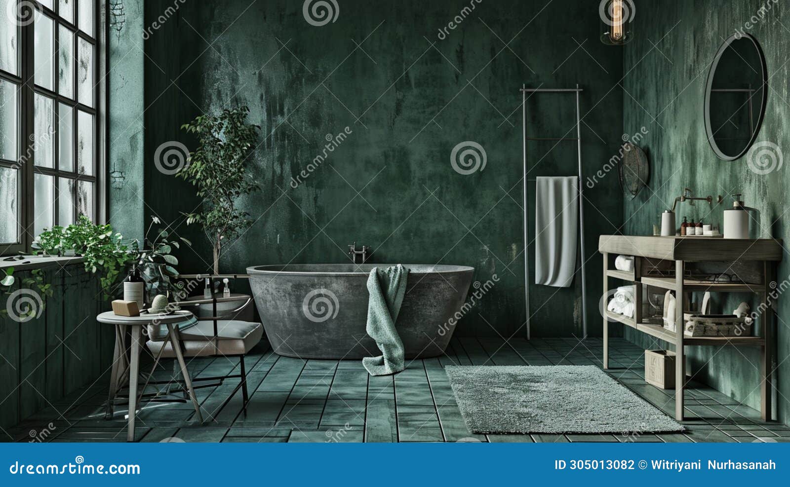 Dark Green Rustic Bathroom, Wall Mock . Ai Generative Stock Photo