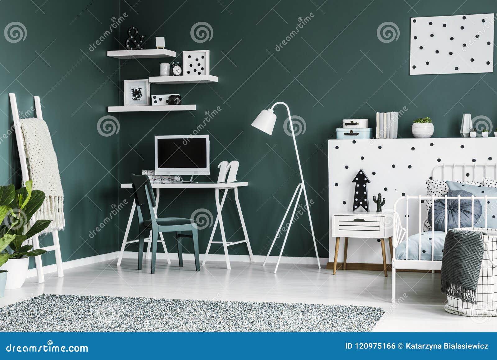 Dark Green Teenager Room Interior With A Desk Chair Computer