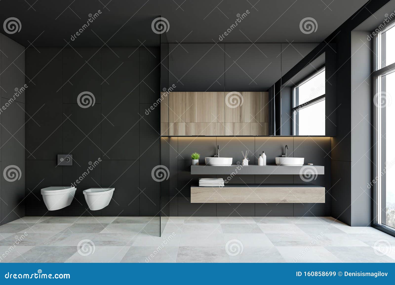 Dark Grey Bathroom With Double Sink And Toilet Stock Illustration