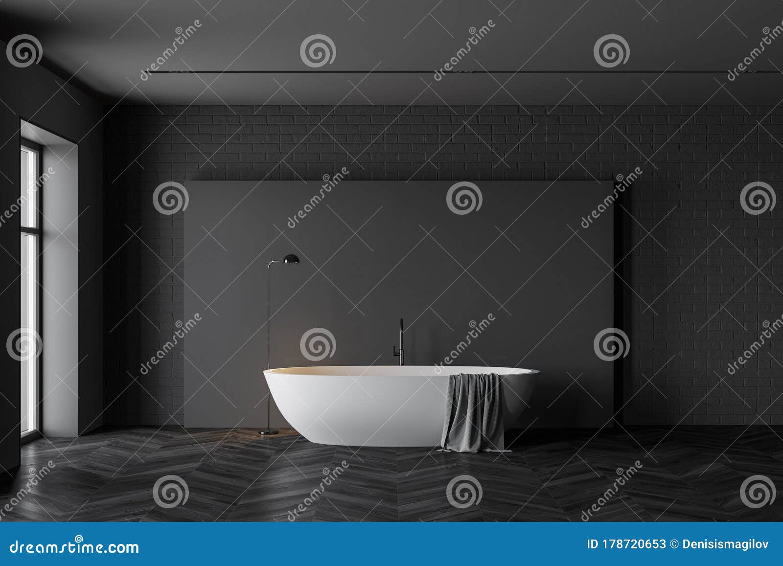 Dark Grey Bathroom Interior With Tub Stock Illustration