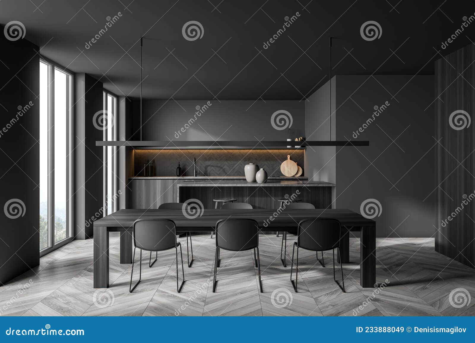Dark Grey Dining Room With Linear Light And Illuminated Kitchen On  Background Stock Illustration - Illustration Of Light, Kitchen: 233888049