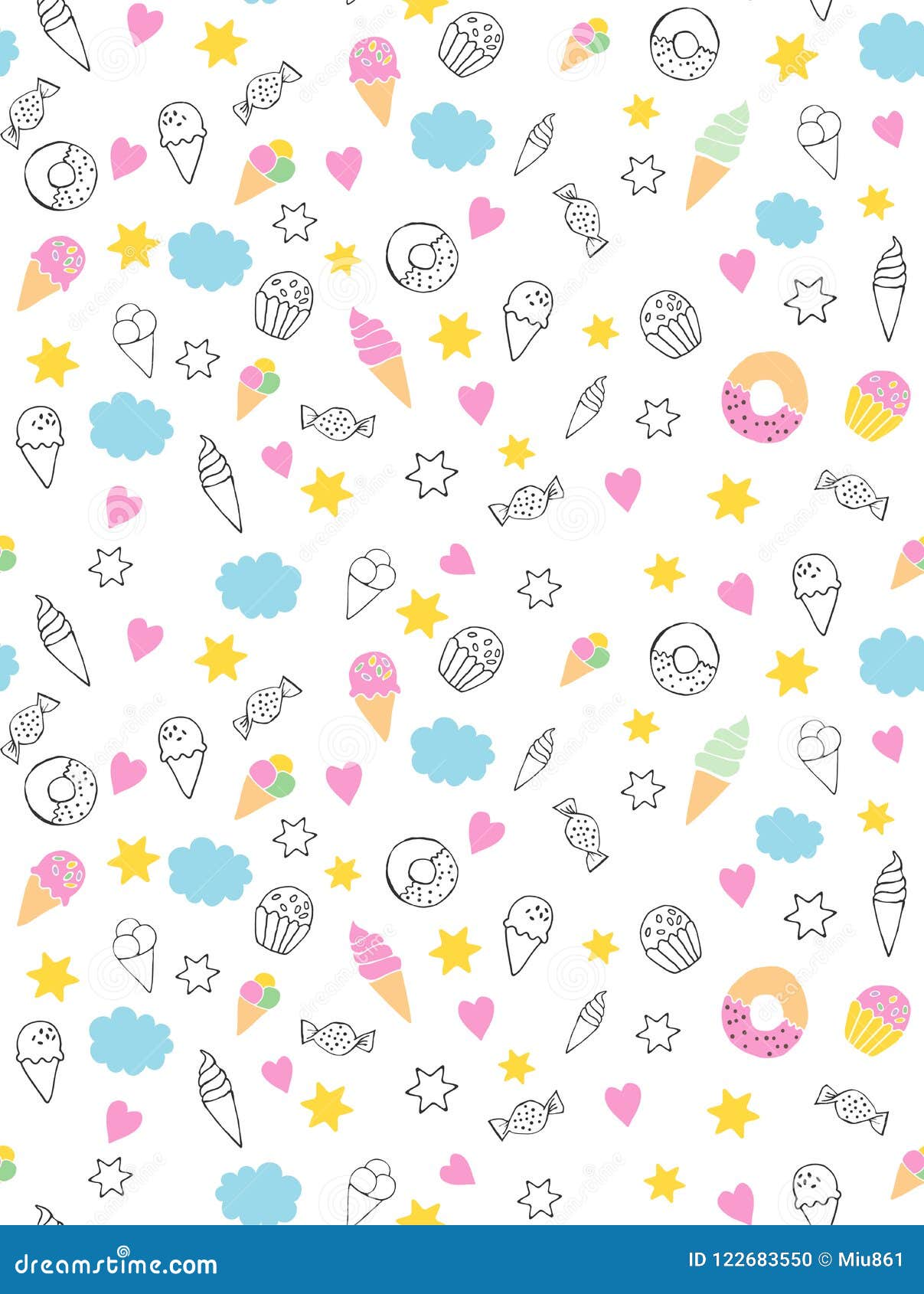 cute hand drawn sweets n pattern. candies, ice creams, muffins, donuts. white background. pink hearts and yellow stars. infa