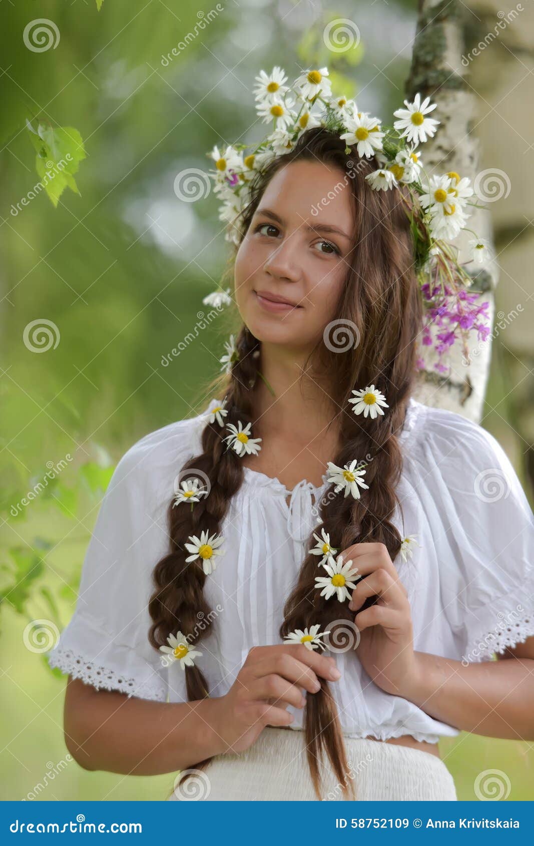 Dark-haired Girl with Braids and Daisies Stock Image - Image of collect ...